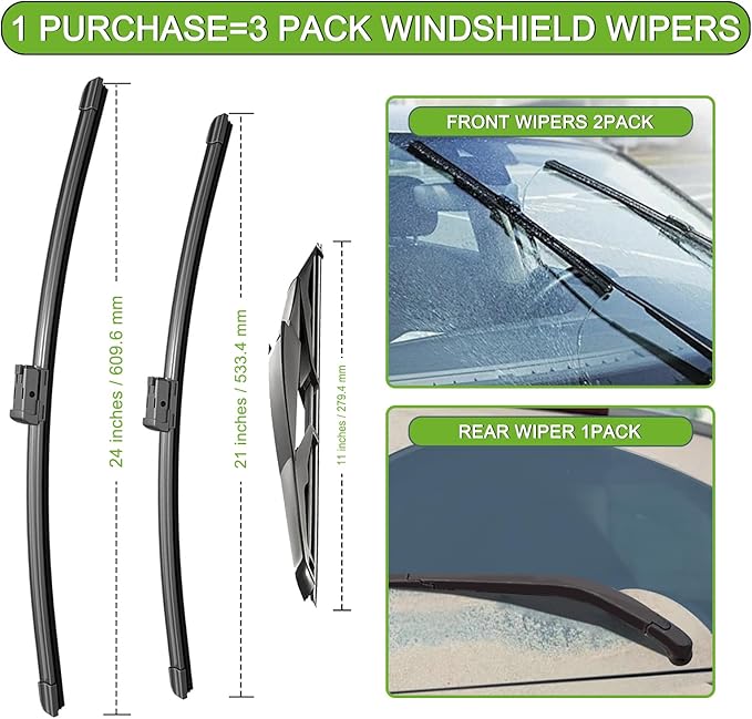 PARRATI® Windshield Wipers for GMC Acadia 2007-2012,24"+21" Front and 11" Rear,OEM Replacement Wiper Blades,Quiet & Streak-Free(Set of 3)