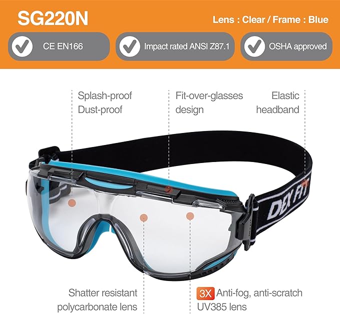 DEX FIT Protective Safety Goggles SG220N; 3x Anti Fog & Scratch, Z87 Eye Protection for Lab, Science, and Chemistry Work, Adjustable for Women and Men, (Black & Blue Frame, Clear Lens, 30cm Strap)