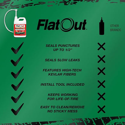 Flat Out Off Road Tire Sealant, Outdoor Power Equipment Formula with Valve Core Tool, Prevents Flat Tires, Fix a Flat Tire, Seals Leaks, Contains Kevlar, 1 Gallon