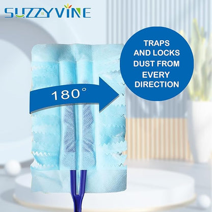 SUZZYVINE Disposable Duster Wish a Long Handle Plus a Short Handle, 15 Count Duster Refills,Blue and White