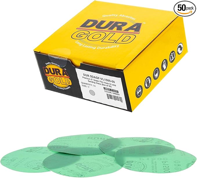 Dura-Gold Premium 5" Green Film Sanding Discs - 1500 Grit (Box of 50) - Hook & Loop Backing Sandpaper Discs for DA Sanders, Finishing Cut Abrasive, Sand Automotive Paint Car Detailing Woodworking Wood