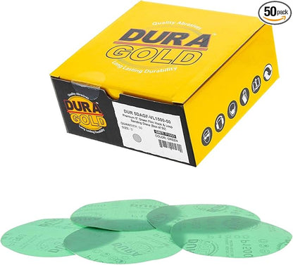 Dura-Gold Premium 5" Green Film Sanding Discs - 1500 Grit (Box of 50) - Hook & Loop Backing Sandpaper Discs for DA Sanders, Finishing Cut Abrasive, Sand Automotive Paint Car Detailing Woodworking Wood