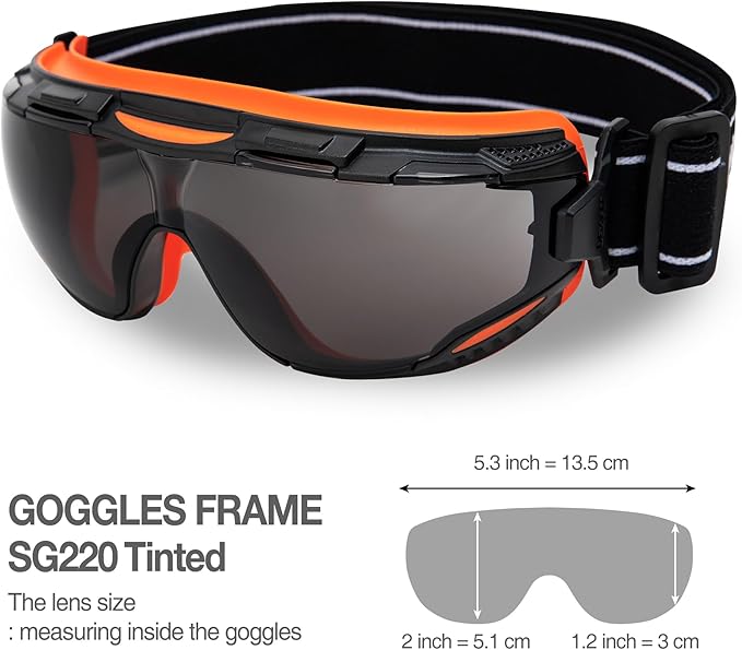DEX FIT Protective Safety Goggles SG220; Anti Fog & Scratch, Z87 Eye Protection for Work, Adjustable for Women and Men, (Black & Orange Frame, Tinted Lens, 30cm Strap)