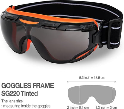 DEX FIT Protective Safety Goggles SG220; Anti Fog & Scratch, Z87 Eye Protection for Work, Adjustable for Women and Men, (Black & Orange Frame, Tinted Lens, 30cm Strap)