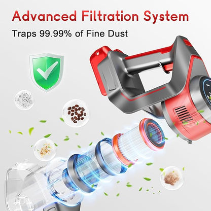 BSNAW Cordless Stick Vacuum Cleaner - Rechargeable, 35Kpa Powerful Vacuums with Detachable Battery, LED Display, 45Mins Runtime, 8 in 1 Handheld Vacuum for Hardfloor & Carpets Pet Hair, Red