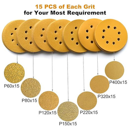 Aiyard 5-Inch 8-Hole Hook and Loop Sanding Discs, 60/80/120/150/220/320/400 Assorted Grits Gold Sanding Disc for Random Orbital Sander, 105-Pack