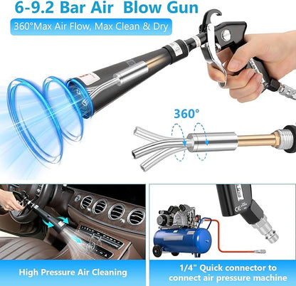 MYPIN Car Cleaning Gun, 6-9.2Bar/0.6Mpa-0.9Mpa, High Pressure Air Blow Gun with 2 Set Nozzle, Interior Car Cleaning for Vehicle Upholstery Carpet Seat