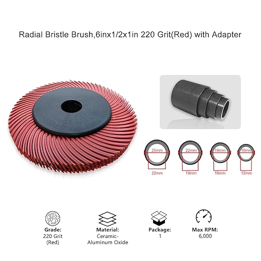 Radial Bristle Brush, 6 in x 1/2 in x 1 in, 220# Red, 1 Set (Contains Ten Single Pieces) and Reduction Sleeve