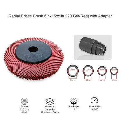 Radial Bristle Brush, 6 in x 1/2 in x 1 in, 220# Red, 1 Set (Contains Ten Single Pieces) and Reduction Sleeve
