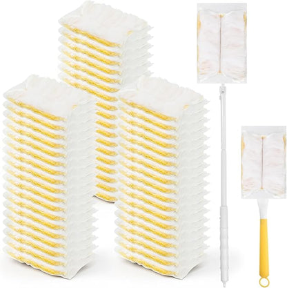 62 Pcs Duster Refills for Most Duster Handle, 360° Heavy Duty Dusters Refill Electrostatic Compatible with Dusteres, Disposable Dusters Kit with 1pcs Retractable Handle for Furniture, Blinds