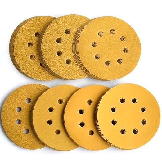 Aiyard 5-Inch 8-Hole Hook and Loop Sanding Discs, 60/80/120/150/220/320/400 Assorted Grits Gold Sanding Disc for Random Orbital Sander, 105-Pack