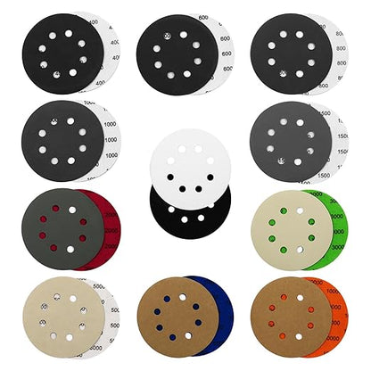 100PCS 5 Inch Sanding Discs Hook & Loop Sandpaper 400/600/800/1000/1500/2000/3000/5000/7000/10000 Grit Orbital Wet Dry Sandpaper with 2PCS Interface Pads for Automotive Wood Metal Polishing
