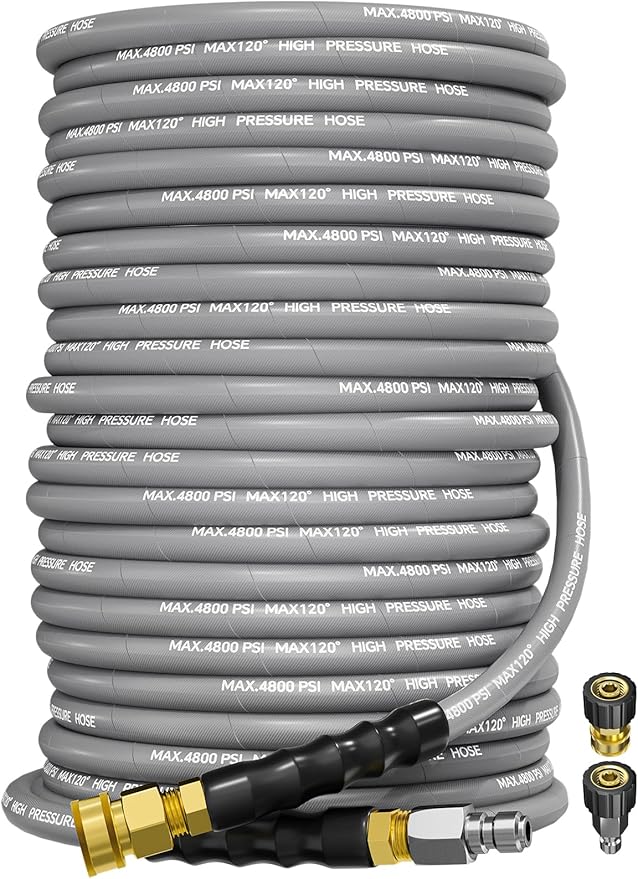 3/8" 4800PSI Pressure Washer Hose 150FT with Swivel Quick Connect for Cold/Hot Water Max 248°F, Kink Resistant Steel Wire Braided, Wear Resistant Power Washer Hose with M22 14mm Adapter