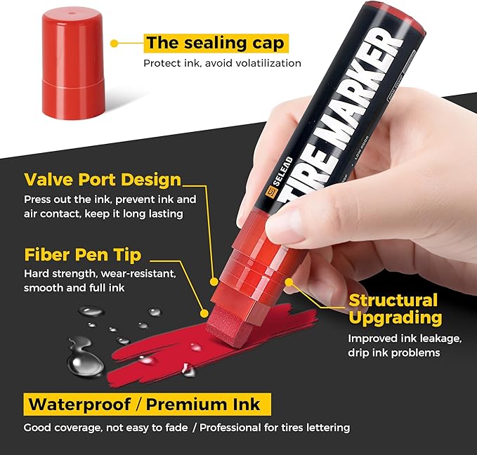 SELEAD Jumbo Tire Marker White Red - 4 Pack 15mm Wide Tip Paint Pens for Car Tires Lettering, Large Capacity Premium Ink Waterproof Permanent Markers