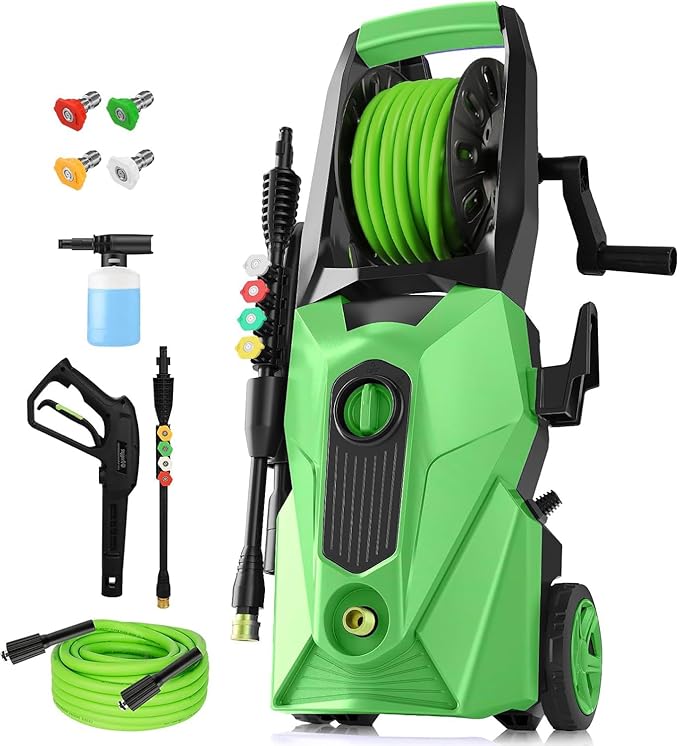 Pressure Washer 5000 PSI,2.8 GPM Power Washer with Foam Cannon,Portable Cleaner with 33ft Hose Reel,4 Nozzle Tips,and Soap Bottle for Cars/Home/Driveways/Patios/Decks/Fences(Dark Green)