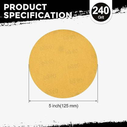Kozelo 50 Pcs Sanding Discs 5 Inch 240 Grit Hook and Loop Random Orbital Sandpapers Suitable for Drywall Sander Wood Metal Furniture, Yellow