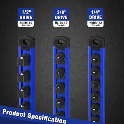 WORKPRO Magnetic Socket Organizer, 1/2-Inch Drive Aluminum Alloy Socket Rail, Heavy Duty Socket Holder, Socket Rack Kit 1/2-Inch x 10 Clips (Blue)