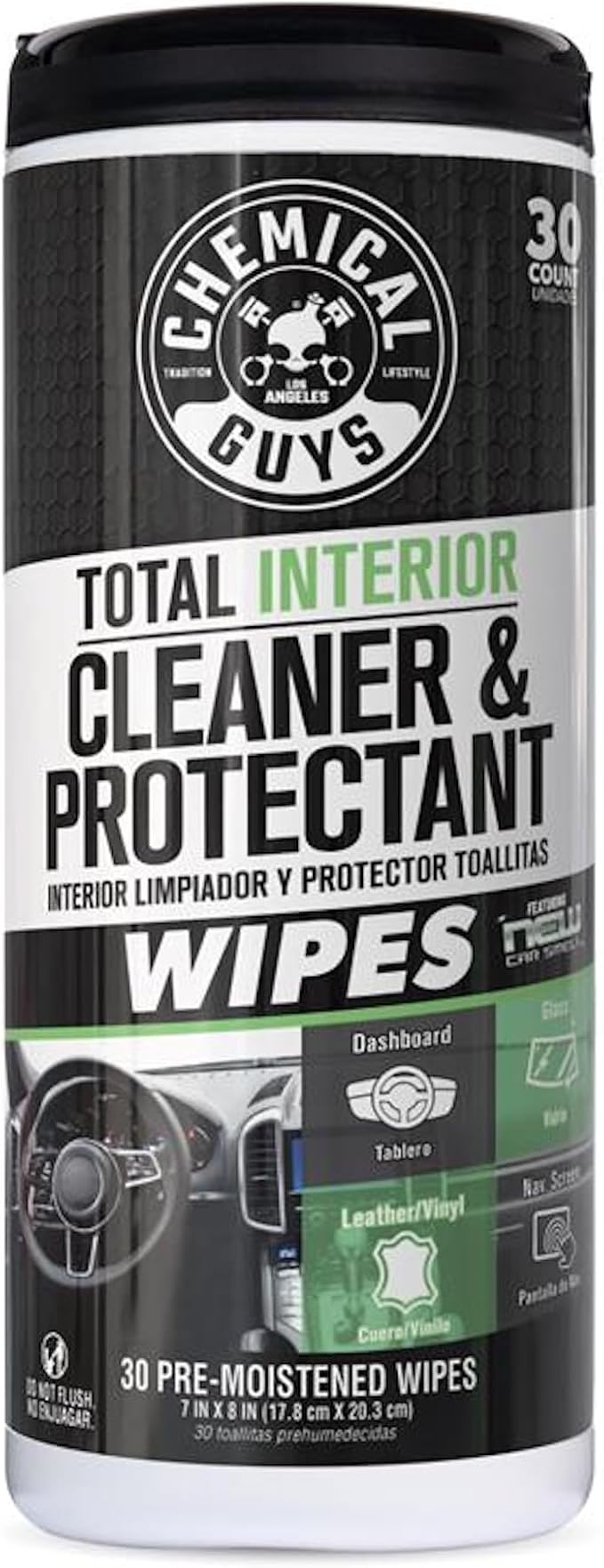 Chemical Guys Total Interior New Car Smell Cleaner & Protectant Wipes – All-in-One Interior Cleaning Wipes for Dashboards, Vinyl, Leather, Fabric & Glass – Cleans & Protects, New Car Scent, 30 Ct