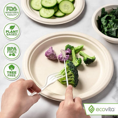 Ecovita 100% Compostable Forks - 500 Large Disposable Utensils (7 in.) Bulk Size Eco Friendly Durable and Heat Resistant Alternative to Plastic Forks with Convenient Tray