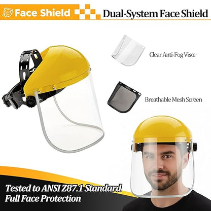ascavs Face Shield for Grinding & Cutting, Clear Anti-Fog Visor Tested to ANSI Z87.1 with Replaceable Mesh Screen, Full Face Protection with Adjustable Ratchet Headband for Woodworking & Yard Work