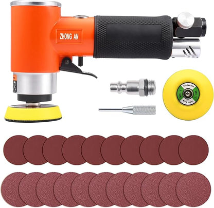 ZHONG AN 2/3 inch Mini Orbital Sander Pneumatic Palm da sander Air Polisher Super Smooth and Swirl Freely for Auto Body Work Wood working with 20 PCS Sanding Discs,orange