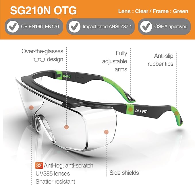 DEX FIT Safety Over Glasses SG210 OTG; Fit Over Your Eyewear, Z87 Eye Protection, 3X Fog & Scratch Resistant, Adjustable for Women & Men, UV Protective (Black & Green Frame, Clear Lens)