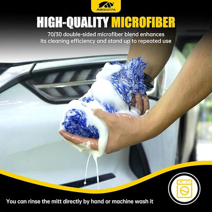 MIKKUPPA Microfiber Car Wash Mitt - Double-Sided Ultra Absorbent Scratch Free Premium Blend Glove for Car Washing Home Cleaning (Blue, 2Pack, 11'' x 8'')
