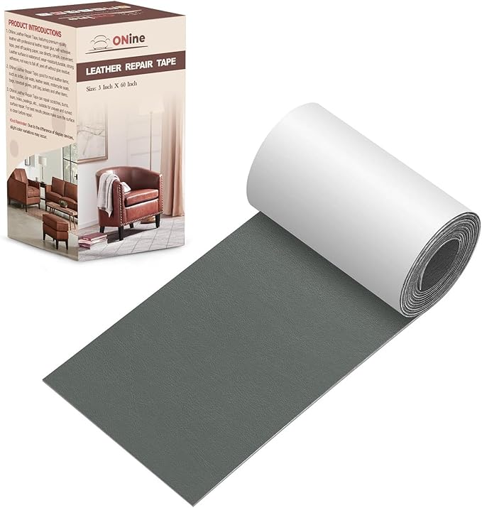ONine Leather Repair Patch，Leather Repair Tape, 3 x 60 inches Leather Repair Patch for Furniture,Vinyl Repair Kit，Leather Couch Patch，for Sofas, Furniture, Car Seats, Office Chairs(Gray)