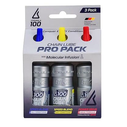 Formula 100 Chain Lube Pro Pack with All Conditions, Dry Conditions, & eBike Lubricant – Collection of Lubricant for Bicycles & Electric Bikes – Protects Against Wear & Corrosion – Three 50ml Bottles