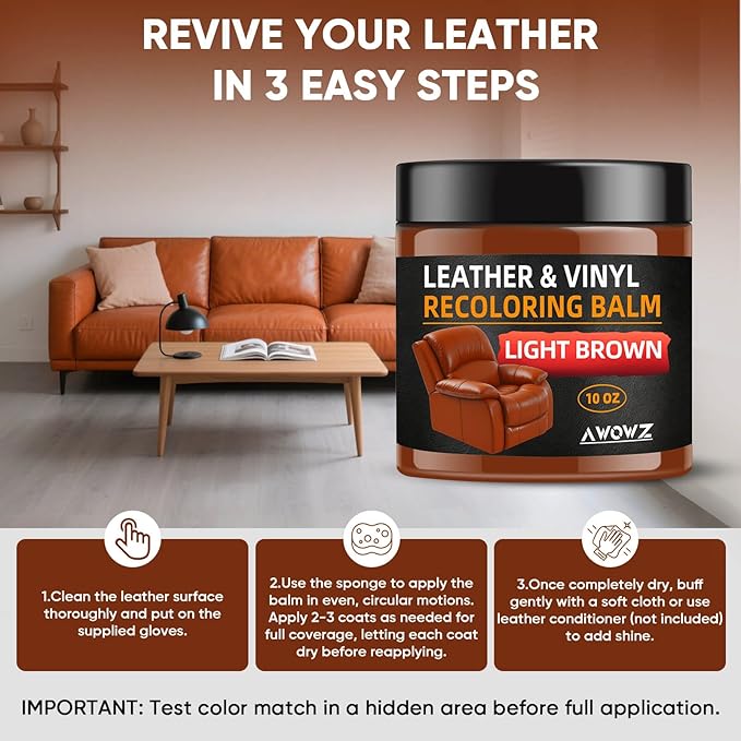 AWOWZ Leather Recoloring Balm - Scratch Repair & Color Restore Kit for Faded Leather, Couch & Car Seats - 10OZ Leather Restorer Balm for Furniture, Auto Interior, Vinyl, Accessories (Light Brown-Tan)