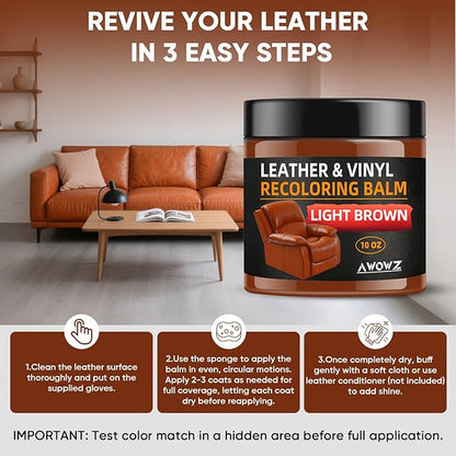 AWOWZ Leather Recoloring Balm - Scratch Repair & Color Restore Kit for Faded Leather, Couch & Car Seats - 10OZ Leather Restorer Balm for Furniture, Auto Interior, Vinyl, Accessories (Light Brown-Tan)