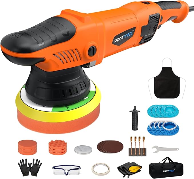 Protmex 1200W Car Buffer Polisher - 6 Inch Dual Action Polisher w/Constant Power - 6 Variable Speed 2500-6000RPM Orbital Polisher -Comfortable Grip Car Wax Buffer Polisher for Car Detailing Polishing