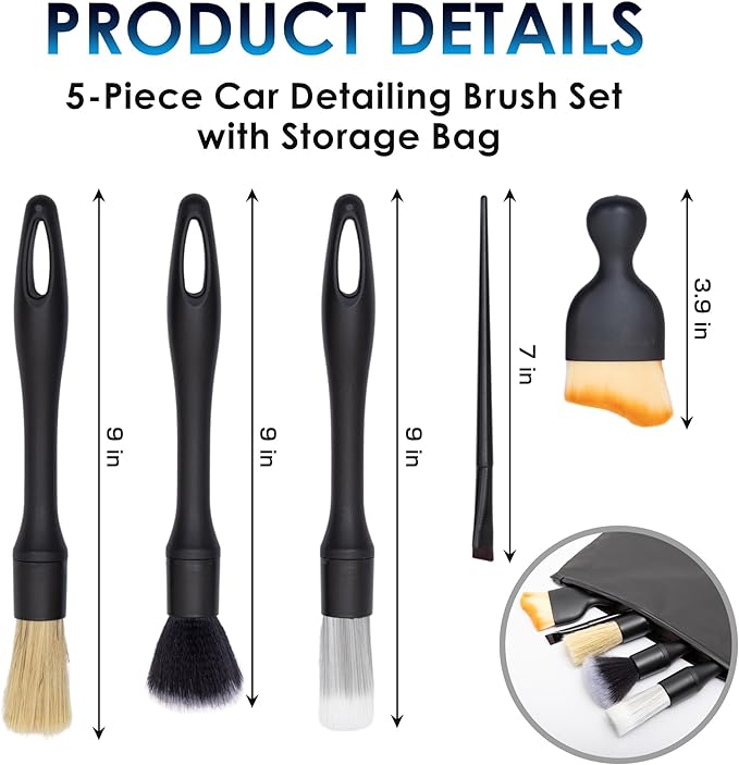 Car Detailing Brush Kit Exterior & Interior Car Cleaner Brush Set | Car Cleaning Kit | Car Accessories | Interior Car Cleaner | Travel Essentials | Black | 5PCS - Japan Import