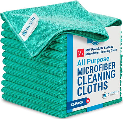 MW PRO Microfiber Cleaning Cloths (12 Pack, 12"x12", Green) - Commercial Grade Housekeeping Towels & Janitorial Rags - Lint Free & Streak Free for Windows, Glass & Auto Detailing - Washable 300+ Times