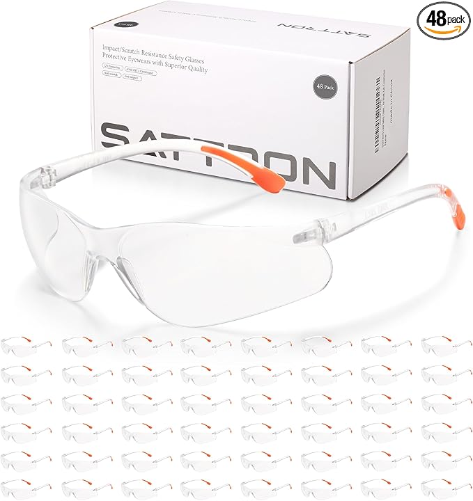 SATTRON 48 Pack Clear Safety Glasses, Protective Eyewear for Men Women, UV Protection Safety Goggles ANSI Z87.1 Scratch & Impact Resistant Eye Protection for Construction, Sports, Lab, Shooting
