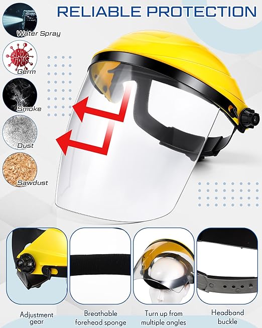 Tellegloww 4 Pcs Safety Face Shield for Grinding and Cutting, Clear Impact Resistant Visor, Full Face Shield Mask with Ratchet Headgear for Grinding, Isolation, Weed Whacking, Industrial Use (Yellow)