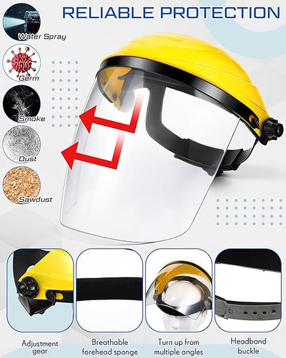 Tellegloww 4 Pcs Safety Face Shield for Grinding and Cutting, Clear Impact Resistant Visor, Full Face Shield Mask with Ratchet Headgear for Grinding, Isolation, Weed Whacking, Industrial Use (Yellow)