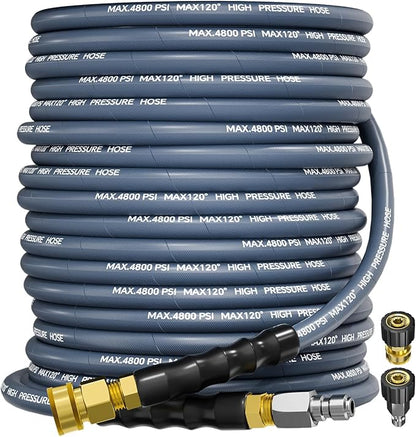 3/8" 4800PSI Pressure Washer Hose 75FT with Swivel Quick Connect for Cold/Hot Water Max 248°F, Kink Resistant Steel Wire Braided, Wear Resistant Power Washer Hose with M22 14mm Adapter