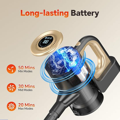 Cordless Vacuum Cleaner, Powerful Suction Vacuum Cleaners for Home, Stick Vacuum Cordless Rechargeable with LED Screen and 3-Speed Suction, Lightweight Vacuum for Hard Floors Carpets Pet Hair, Gold