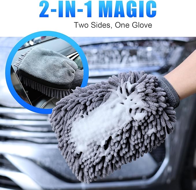 Premium Car Wash Drying Mitt, Car Wash Mitt Scratch Free, Car Sponge Wrapped in Soft, Machine Washable (2Pack) (Grey)
