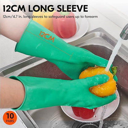 Vgo... 10-Pairs Reusable Household Gloves, Rubber Dishwashing gloves, Extra Thickness, Long Sleeves, Kitchen Cleaning, Working, Painting, Gardening, Pet Care (Size M, Green, HH4601)