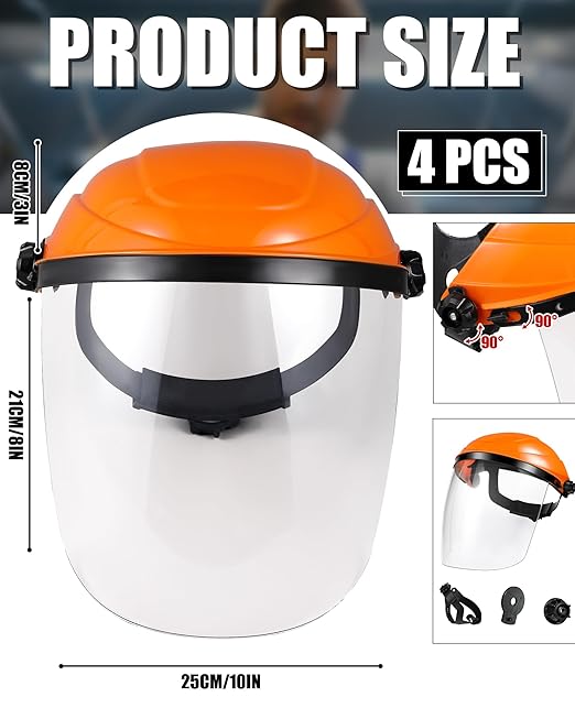 Tellegloww 4 Pack Safety Face Shield for Grinding and Cutting, Full Impact Resistant Face Shield Mask for Work Chemical Woodworking (Orange)