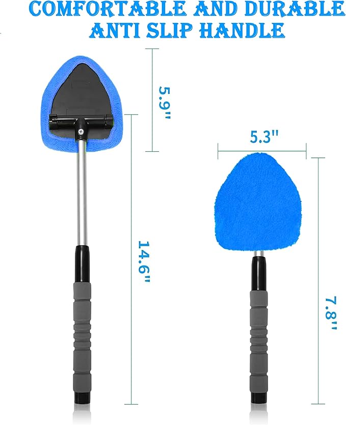 Windshield Cleaner Tool With Reusable Microfiber Pads - Car Window Glass Wiper Kit With Extendable Handle for Cleaning (1, Blue)