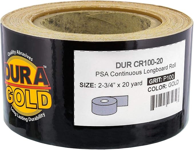 Dura-Gold Premium Gold 100 Grit PSA Longboard Sandpaper, 20 Yard Roll, 2-3/4" Wide, Self Adhesive Stickyback, Woodworking & Automotive Sandpaper Roll, Air File Sand Paper, Auto Sanding Blocks