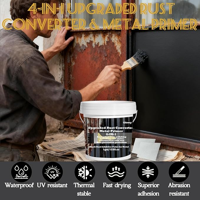 Qlonry 4-in-1 Upgraded Rust Converter & Metal Primer,1Gal/133Fl.oz Black Rust Inhibitor Paint for Metal, Heat Resistance & UV Resistant Automotive Water Based Rust Reformer Rust Paint