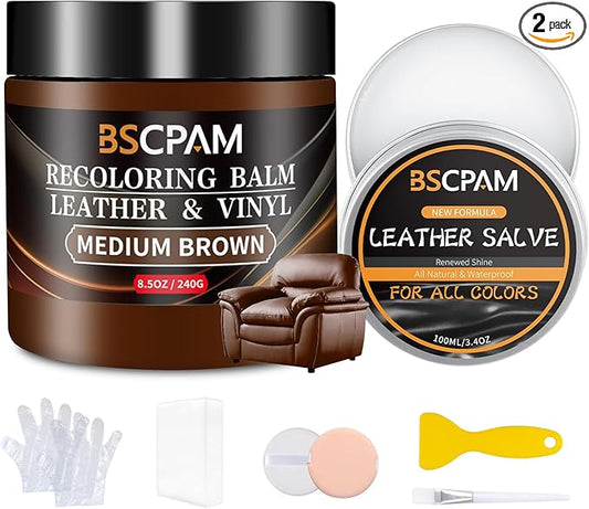 BSCPAM Medium Brown Leather Recoloring Balm with 100ml Mink Oil,Leather Couch Scratch Remover,Leather Repair kit for Vinyl Furniture and Car Interior,Leather Dye Paint,Mink Oil for Leather