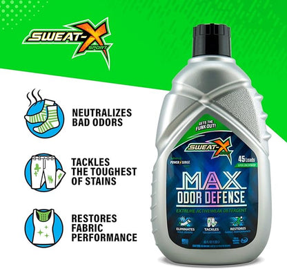 Sweat X Original Max Odor Defense Laundry Detergent – Remove the Worst Odors & Toughest Stains – High Performance Sports Wash for Training Gear & All Fabric Types – 45 Loads/Bottle – 2 Pack