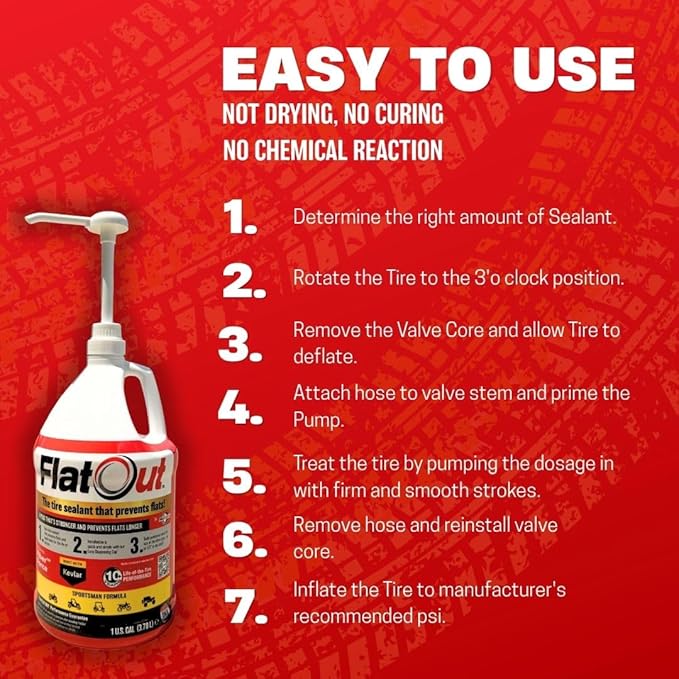 Flat Out Tire Sealant Sportsman Formula - Prevent Flat Tires - Seal Leaks - Sportsman Formula with Valve Core Tool - Contains Kevlar - Tubeless Tire Sealant - Fast-Acting Formula - 1 Gallon
