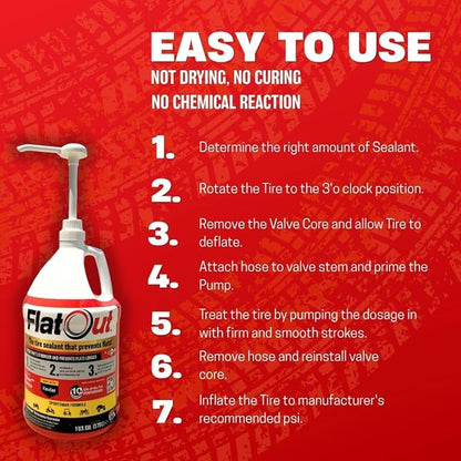 Flat Out Tire Sealant Sportsman Formula - Prevent Flat Tires - Seal Leaks - Sportsman Formula with Valve Core Tool - Contains Kevlar - Tubeless Tire Sealant - Fast-Acting Formula - 1 Gallon