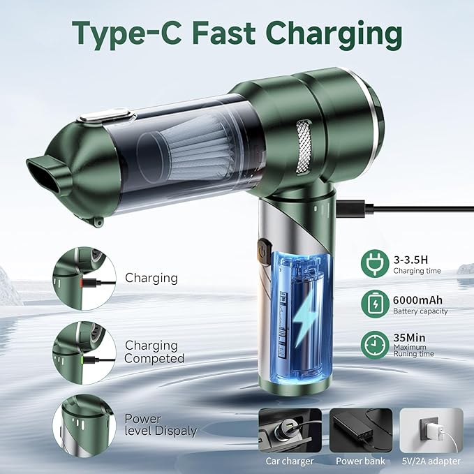 AQSFLA Car Vacuum Portable Cordless 22000PA High Power Handheld Mini Vacuum Cleaner Rechargeable Foldable with Brushless Motor Air Blower Duster Pump for Car Home Office Pet (Green)